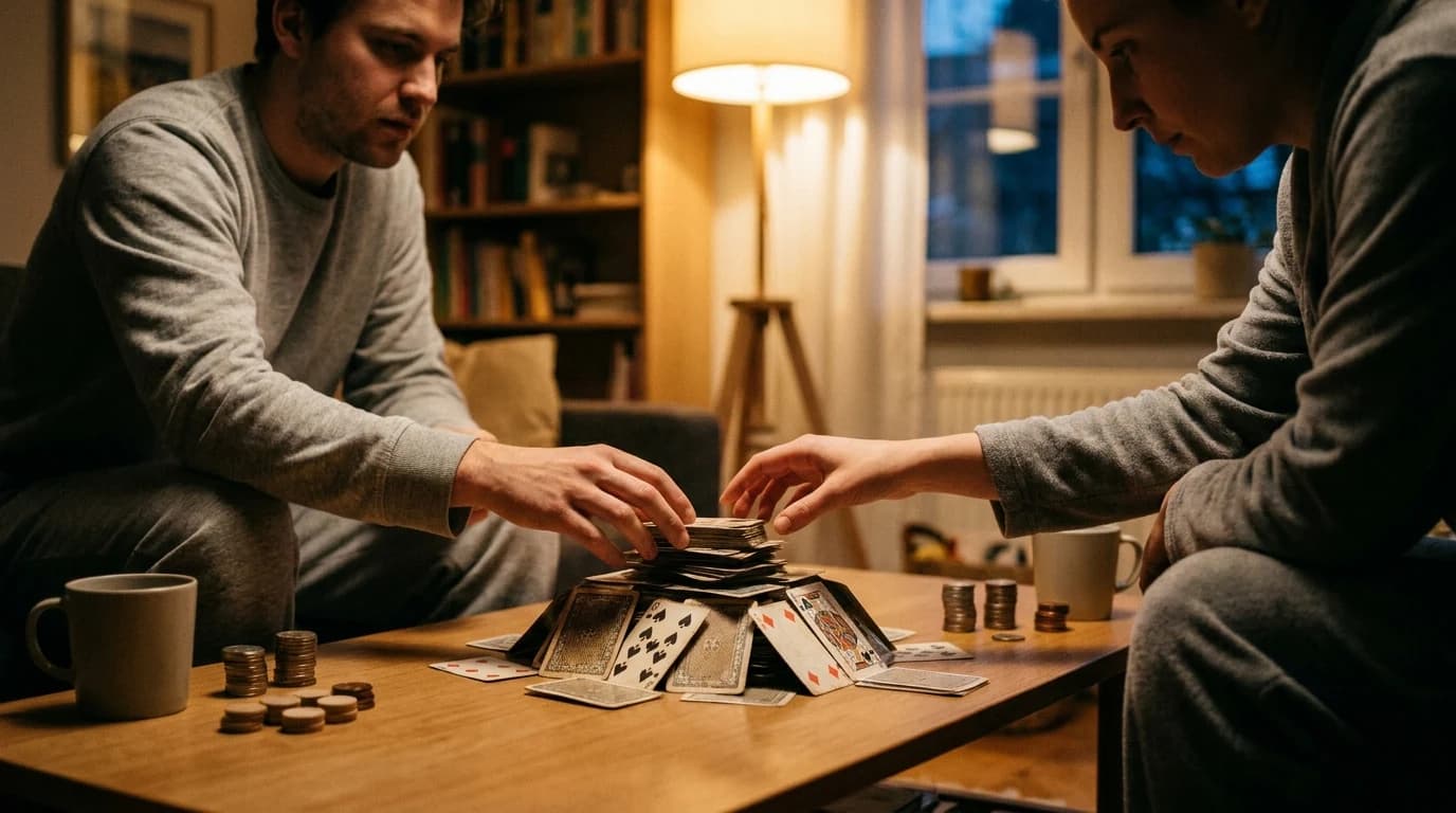 Two people seated across a small wooden coffee table, drafting from a tight pyramid of overlapping cards laid between them.