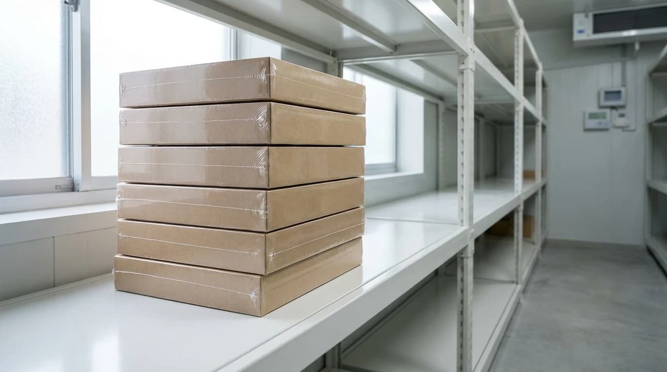 A stack of sealed, shrink-wrapped LEGO boxes on a clean shelf in a dry storage room, corners square and undamaged.