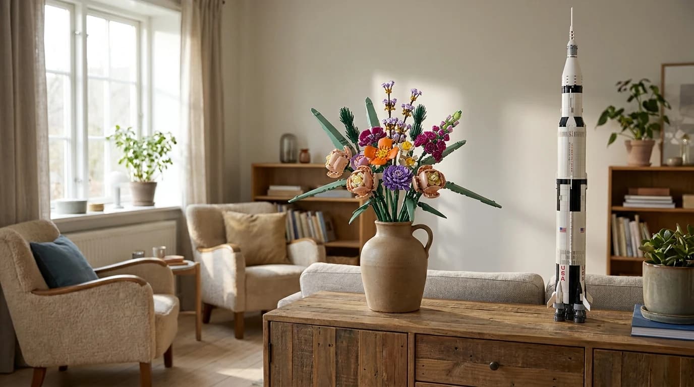 A brick-built flower bouquet in a ceramic vase on a sideboard, with a tall brick-built rocket model standing beside it for scale.