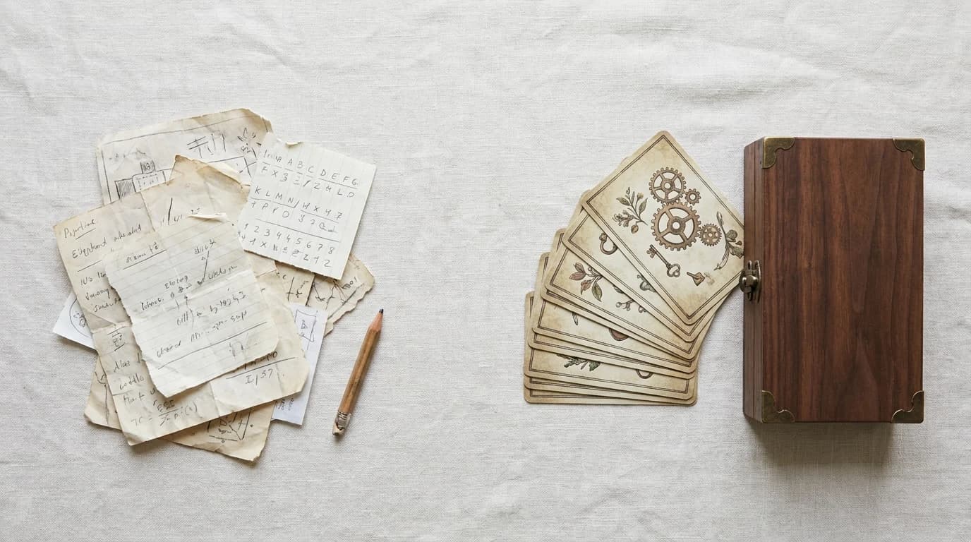 Escape-game paper components that have been written on, folded and torn, laid beside an intact deck of puzzle cards and a closed wooden puzzle box.