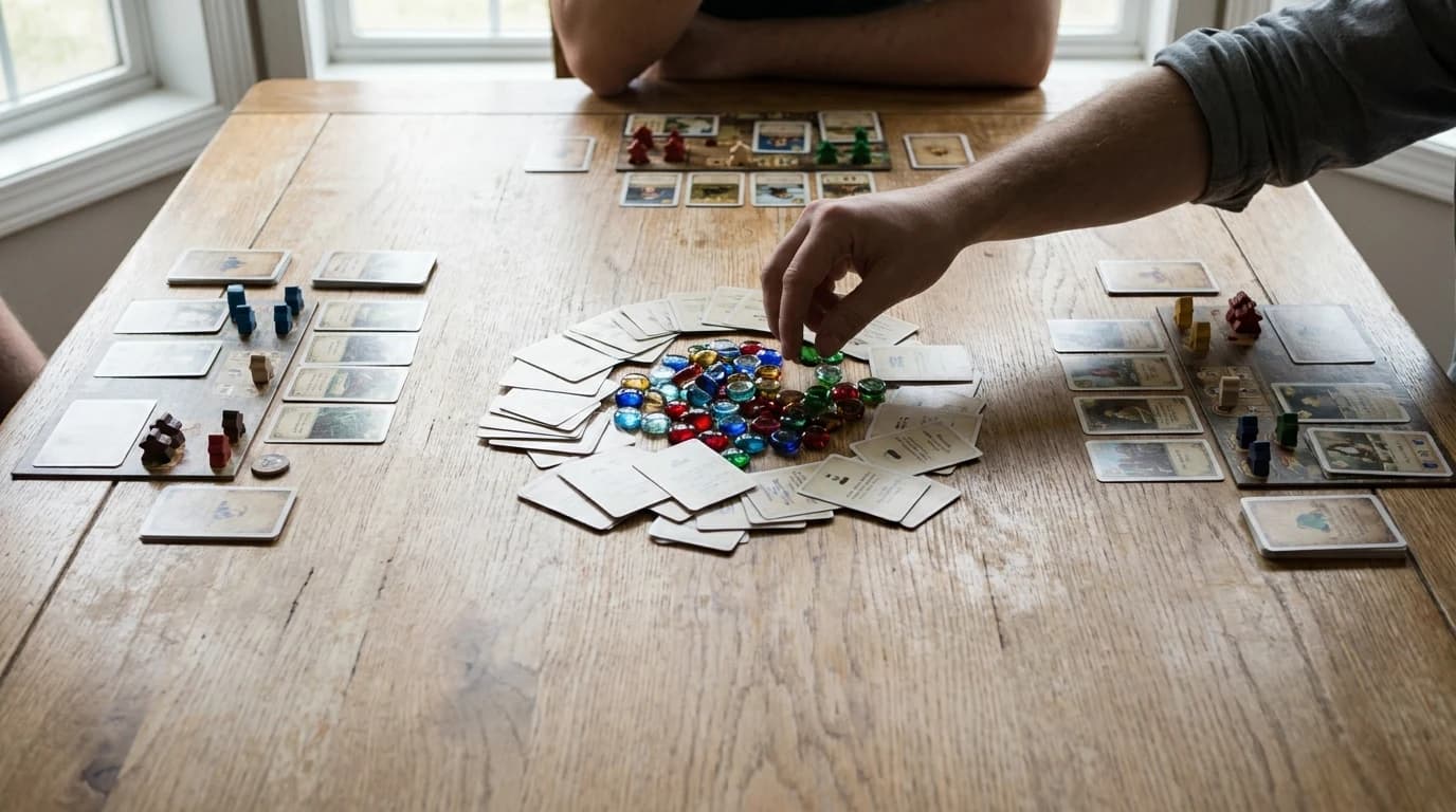 Three separate player areas of cards and wooden pieces fan out around a shared pool of gem tokens on a wooden table, with one hand reaching in.