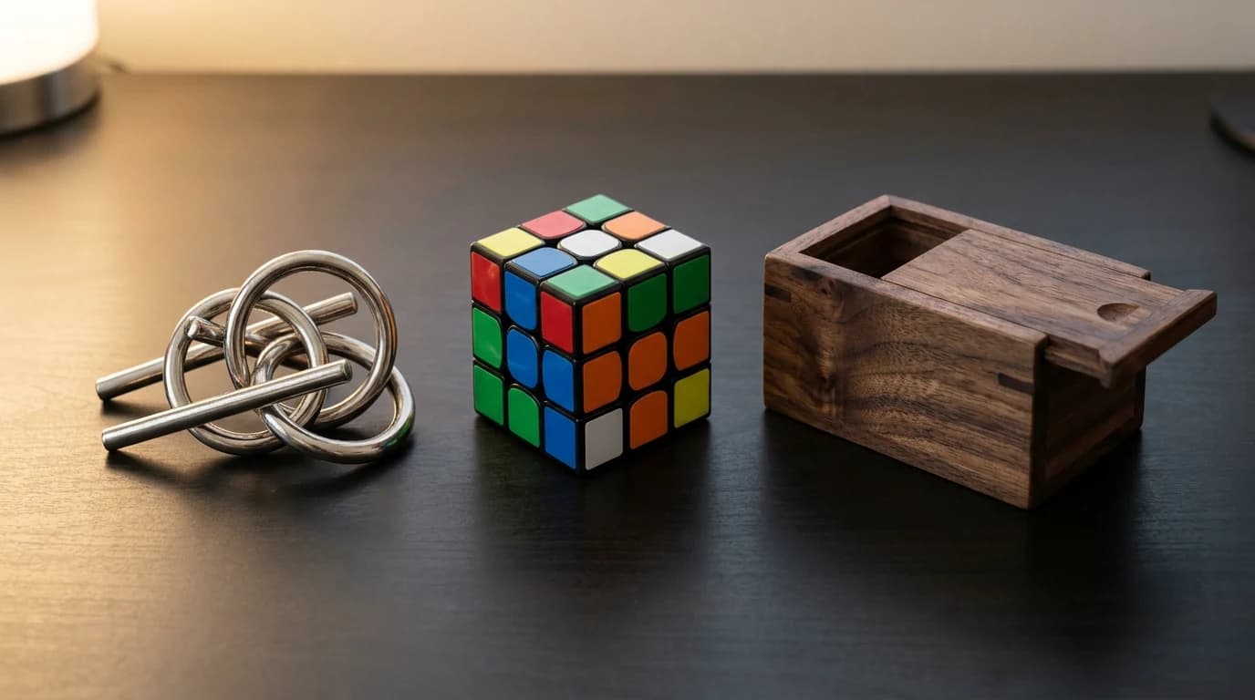 A cast-metal disentanglement puzzle, a magnetic speed cube and a wooden puzzle box arranged on a dark desk surface.