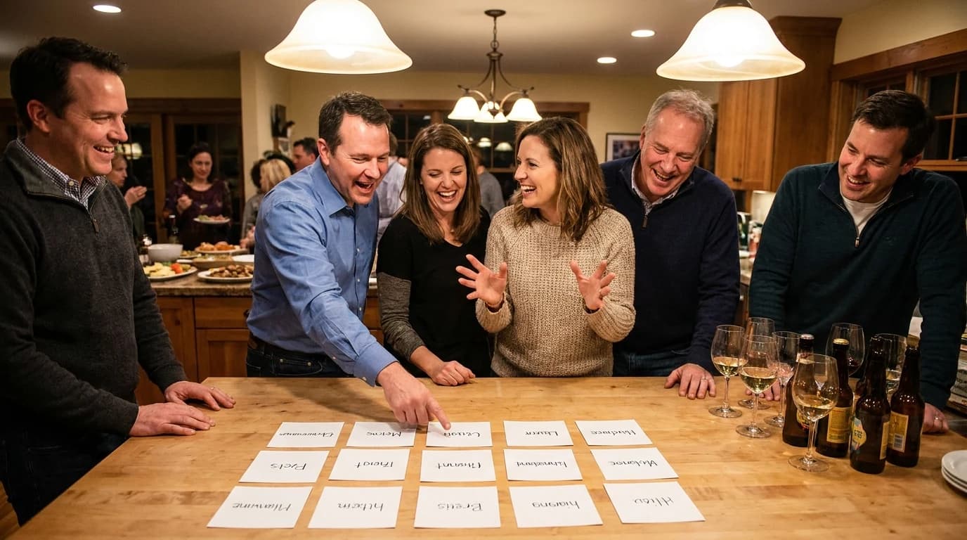 Six adults standing and leaning over a kitchen island covered in a grid of word cards, mid-argument, drinks set aside.