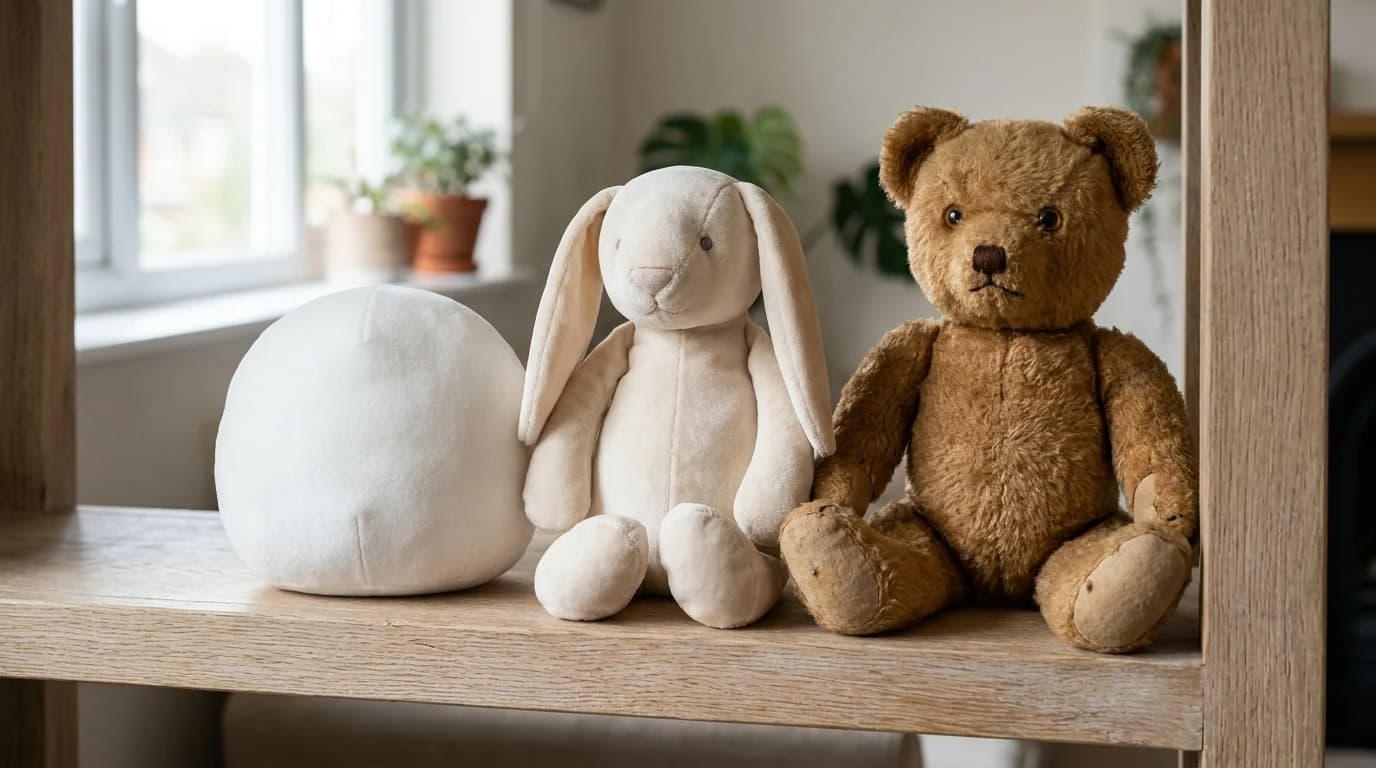 A shelf holding a marshmallow-round plush, a long-eared bunny plush, and a mohair teddy bear side by side, showing the size and texture gap between them.