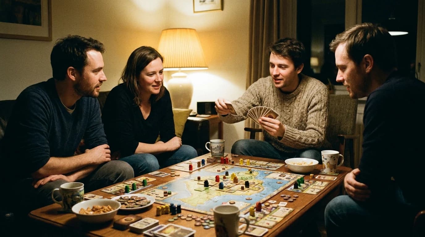 Four people around a table mid-cooperative game, one holding a fan of cards face outward while the others watch, board and tokens spread between them.