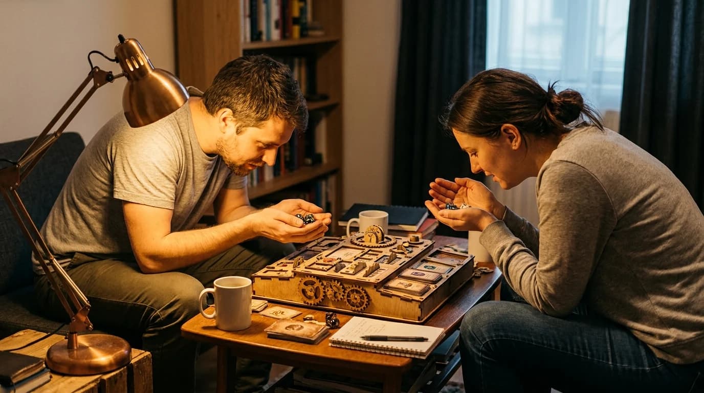 Two people sitting side by side at a small table, each holding dice cupped out of the other's sight, a shared cockpit-style board between them.