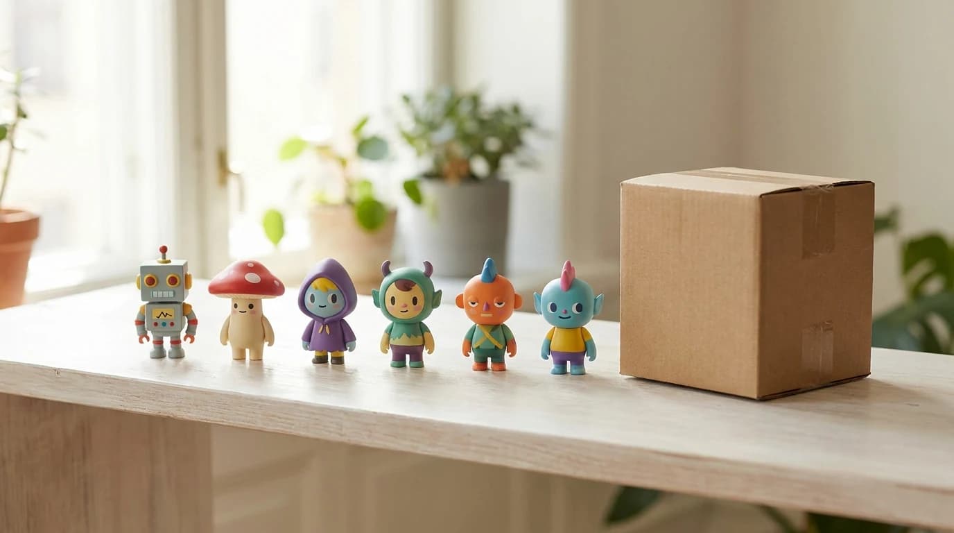 A shelf of small vinyl collectible figures in a row, one still sealed in its unopened blind box beside the opened ones.