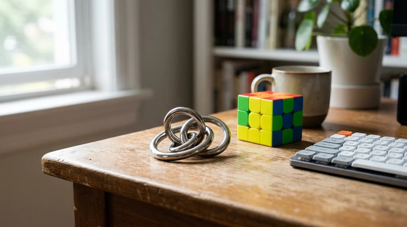 A metal cast puzzle, a magnetic speed cube and a coffee mug sitting beside a keyboard on a tidy home-office desk.