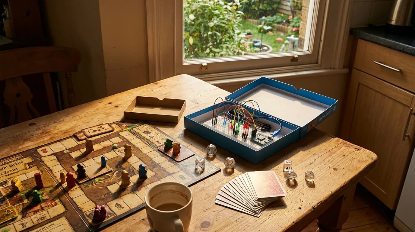 A kitchen table with a half-played board game, an open electronics starter kit, a set of polyhedral dice and a fanned card deck laid side by side.