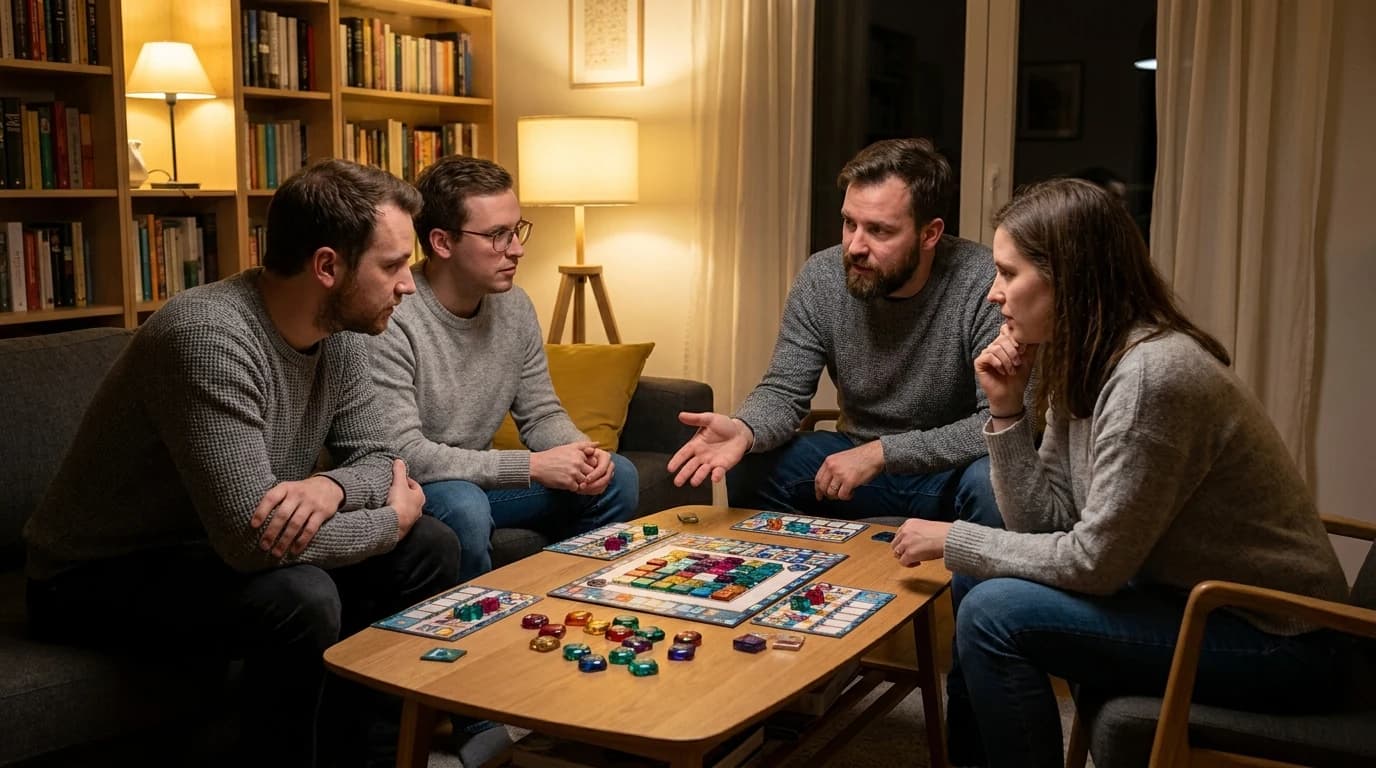 A coffee table with a tile-drafting game set up mid-round, four people reaching across it, one clearly being taught the rules.