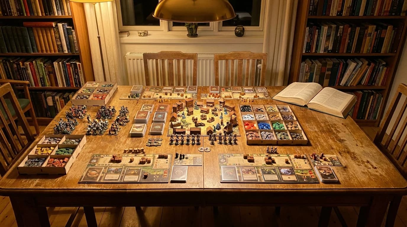 A large dining table almost fully covered by a heavy strategy board game in progress, wooden resource cubes sorted into trays and a thick rulebook open at one corner.