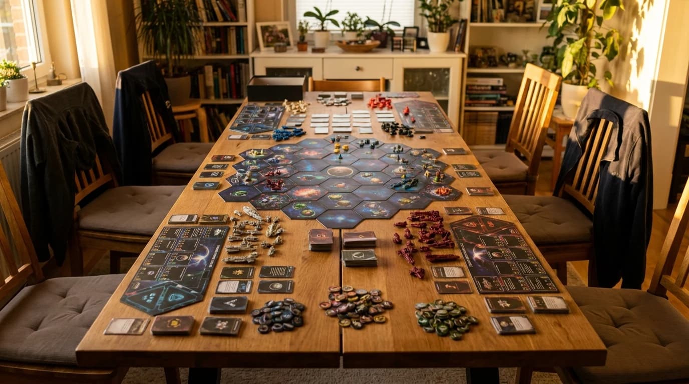 A galaxy-map board game spread across a long table with hexagonal tiles, plastic fleets and stacked faction sheets, chairs pulled up on both sides.