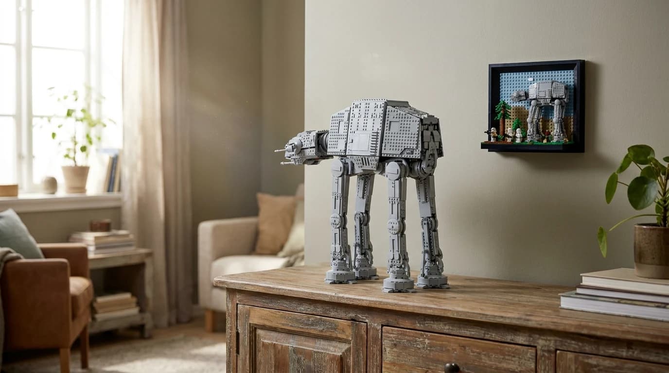 A large brick-built armored walker model on a low sideboard next to a small wall-mounted brick diorama, showing the scale gap between them.