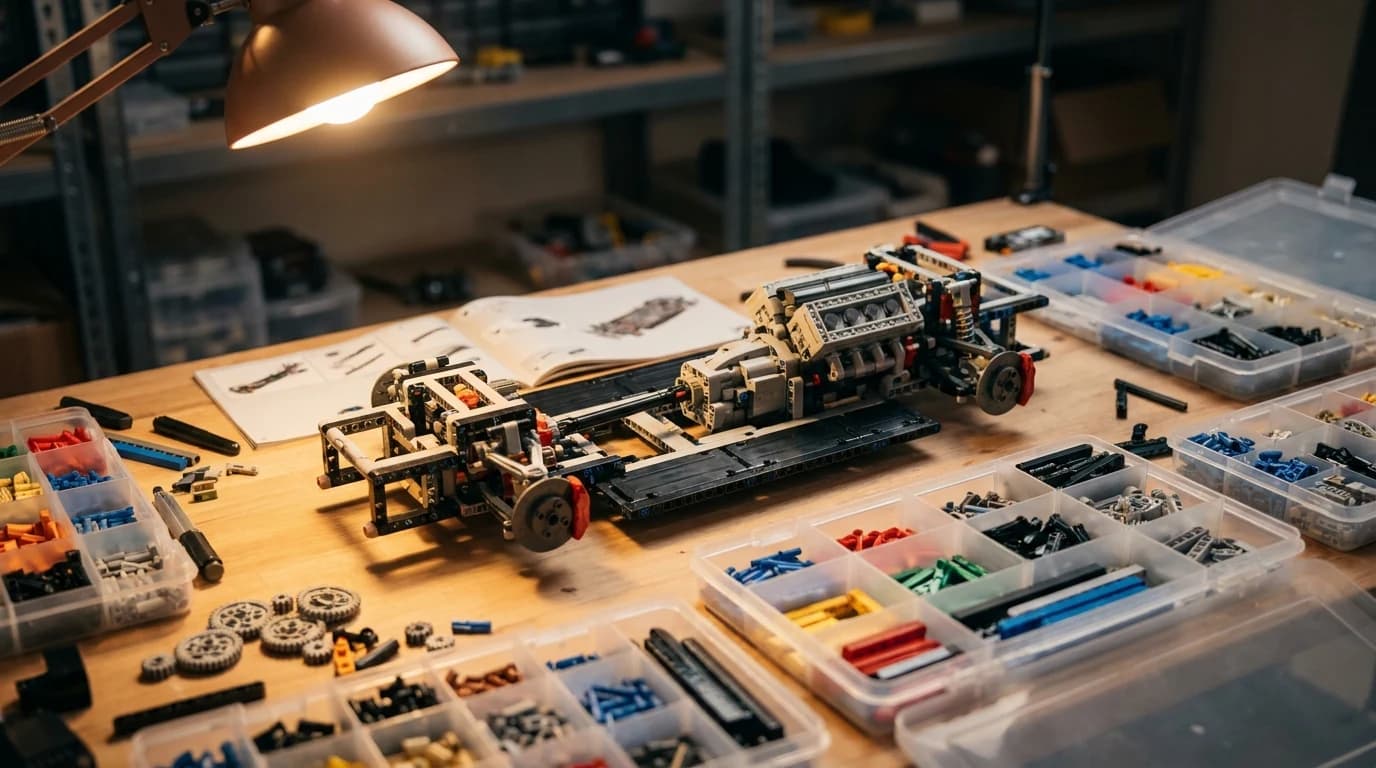 A partly assembled Technic-style supercar chassis with its gearbox and engine block exposed, surrounded by sorted trays of beams and gears.