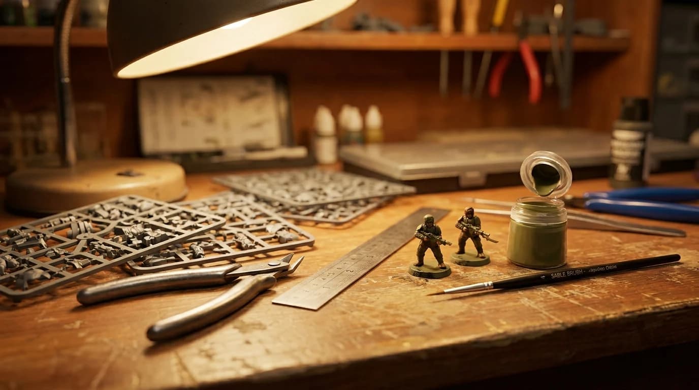 A hobby desk with unbuilt plastic miniature sprues, clippers, a paint pot and two half-painted infantry models beside a measuring ruler.