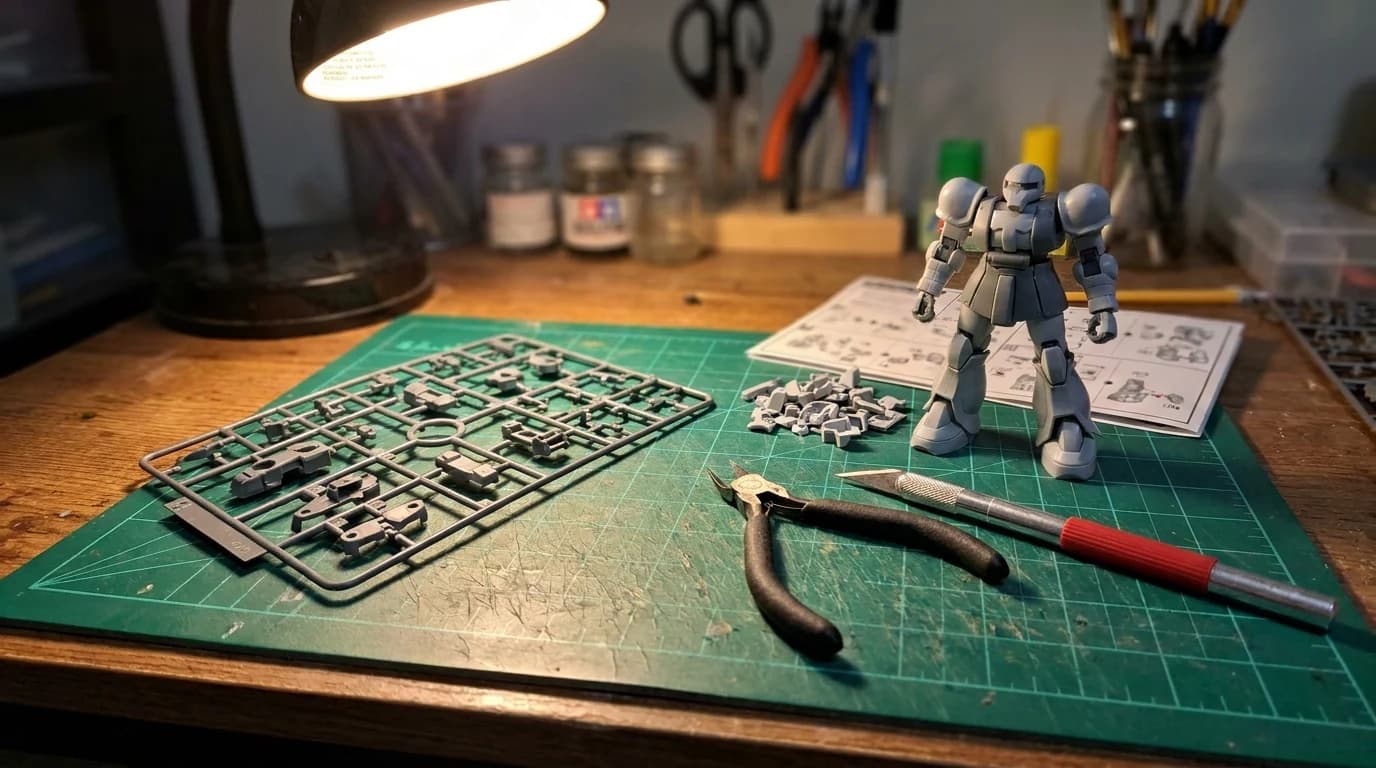 A cutting mat with a plastic model runner, side cutters, a hobby knife and a partly assembled snap-fit robot kit standing beside it.