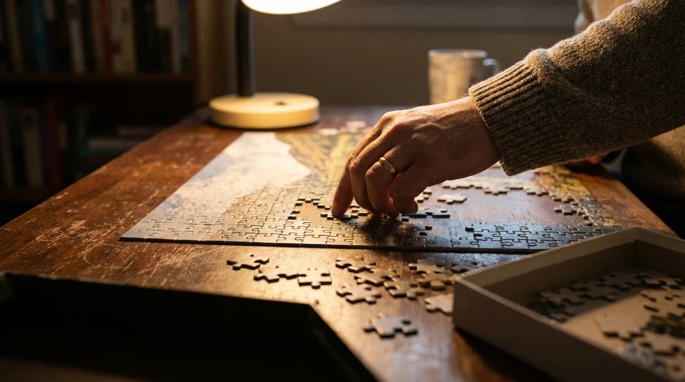 A partly completed jigsaw on a dark table with a few loose pieces beside it, one piece being pressed into place under a warm lamp.