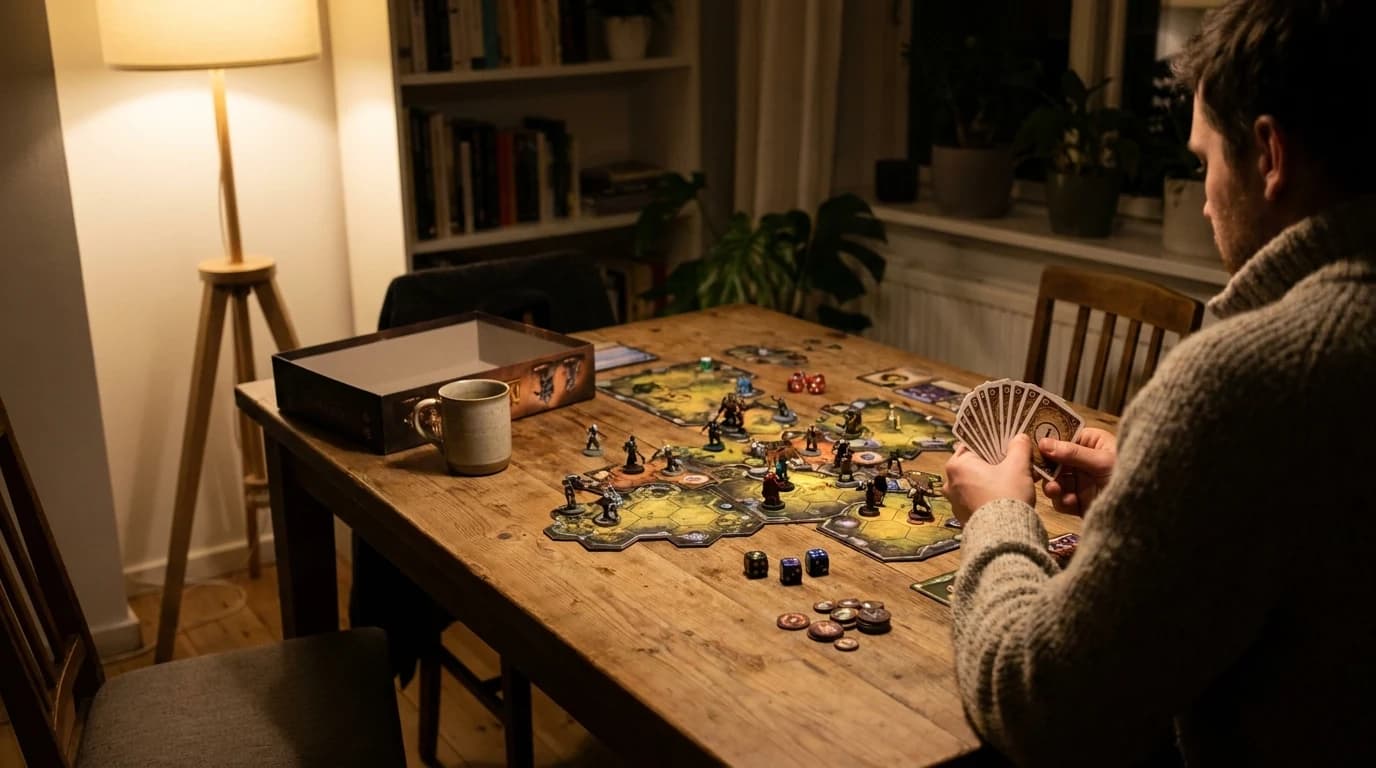 A single player mid-session at a dining table, cards fanned in one hand and a modular map of tiles spread across the surface under a warm lamp.
