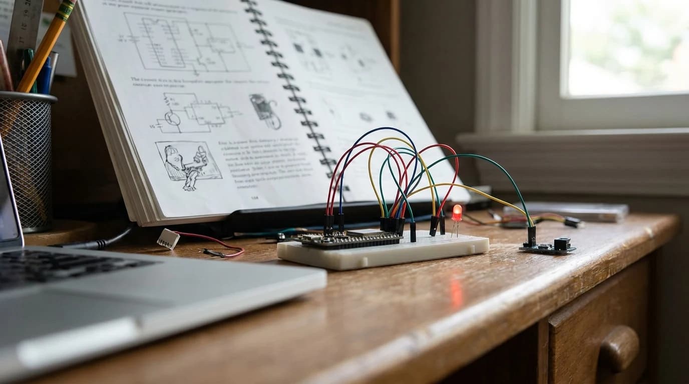 A teenager's desk with a microcontroller board on a breadboard, jumper wires running to an LED and a small sensor, an open project book propped behind it.