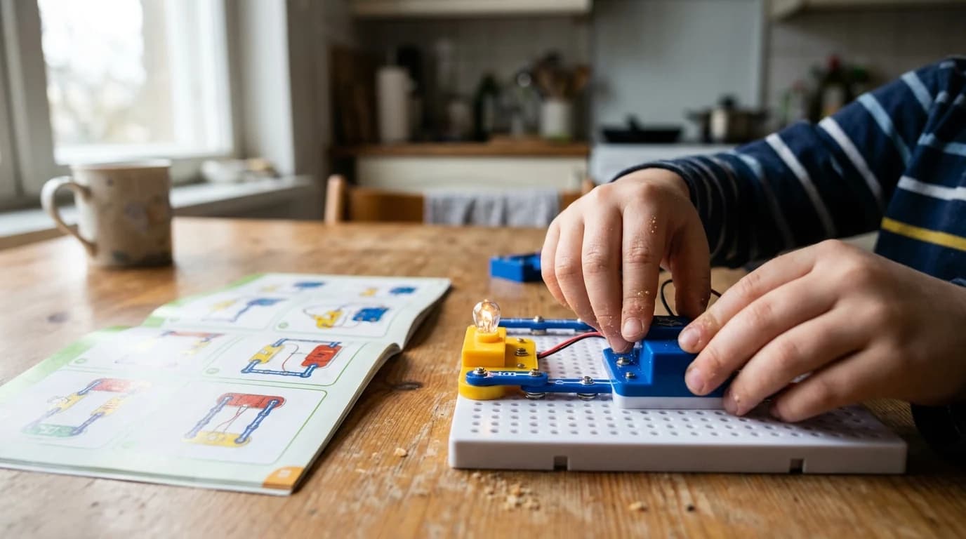 A tween's hands snapping plastic circuit components onto a plastic baseplate, a small lamp lit on the completed circuit, project manual open beside it.