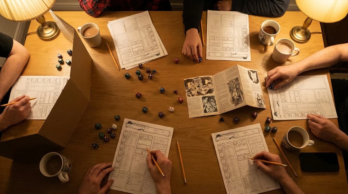 Dice, character sheets and a folded adventure booklet spread on a table with a group seated around it mid-session.