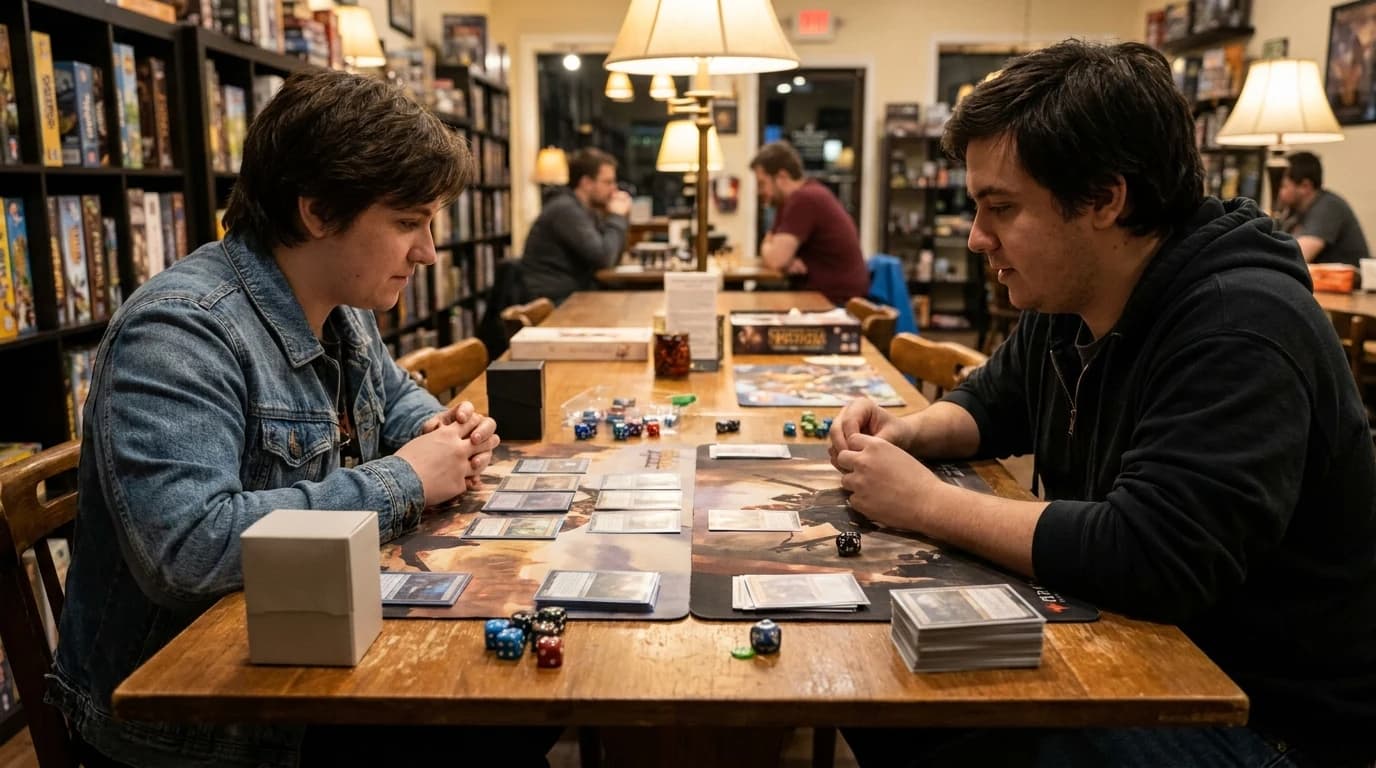 Sleeved trading cards fanned on a play mat beside dice and damage counters, two players' hands mid-game.