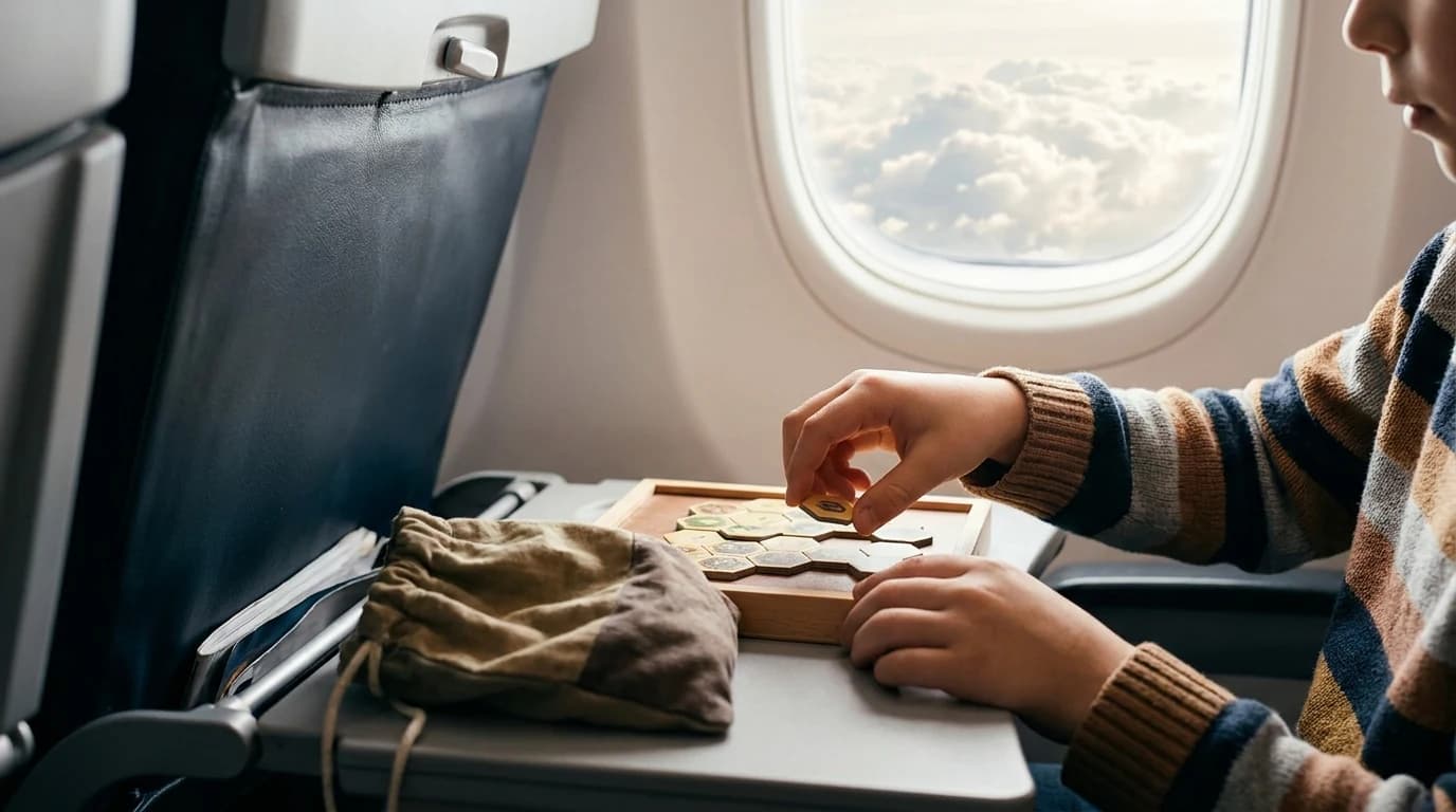 A small tile-based game set up on an airline seat-back tray table with a child's hands mid-move.