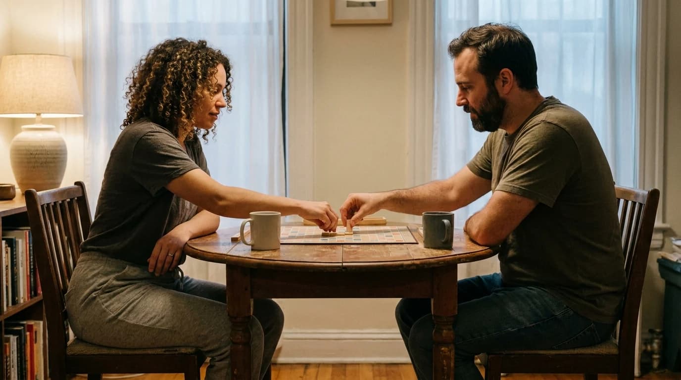 Two people seated across a small table with a tile-laying game between them, wooden pieces and a shared board mid-game.