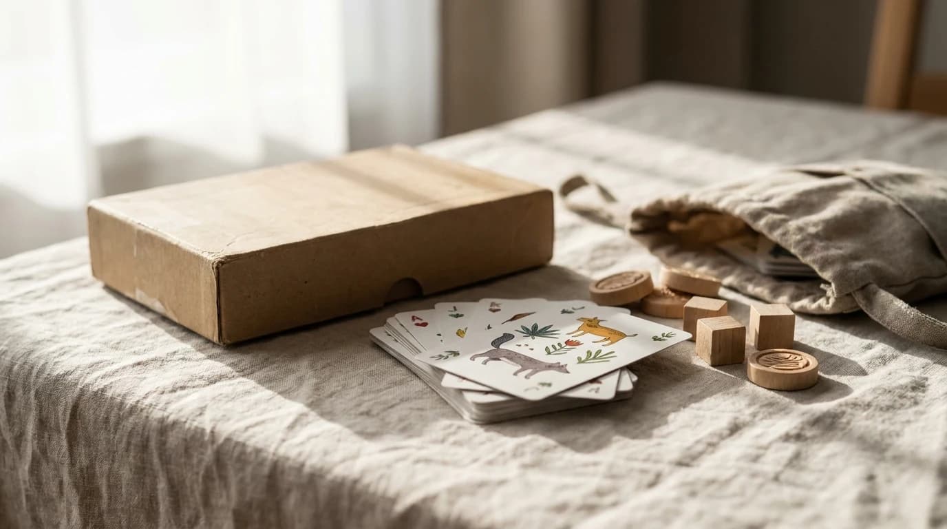 A small card game box, a fanned stack of illustrated cards and a few wooden tokens on a linen tablecloth beside a travel pouch.