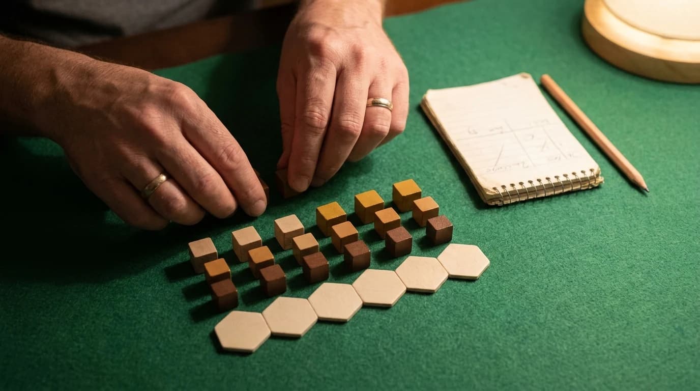 Two hands sorting small wooden resource cubes and blank hexagonal tiles into rows on a green felt mat, beside a notepad and pencil.