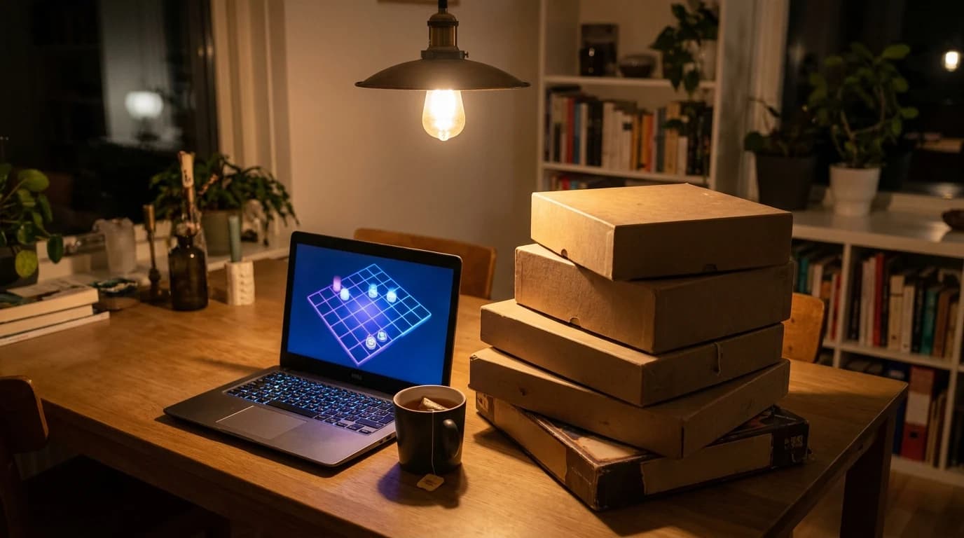 A laptop open on a dining table in the evening beside a stacked pile of board game boxes and a half-drunk mug of tea.