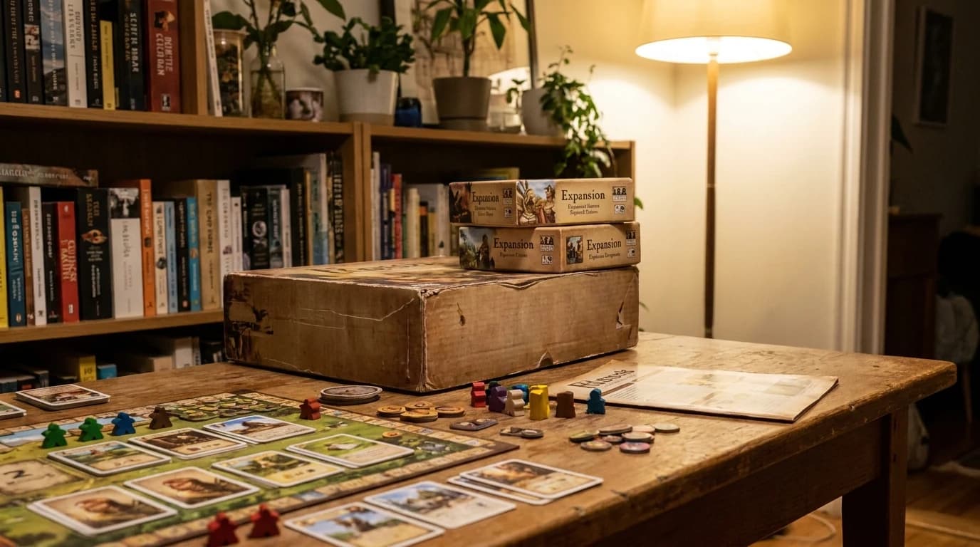A board game box on a shelf with two expansion boxes stacked beside it, a partly set-up game on the table in front.