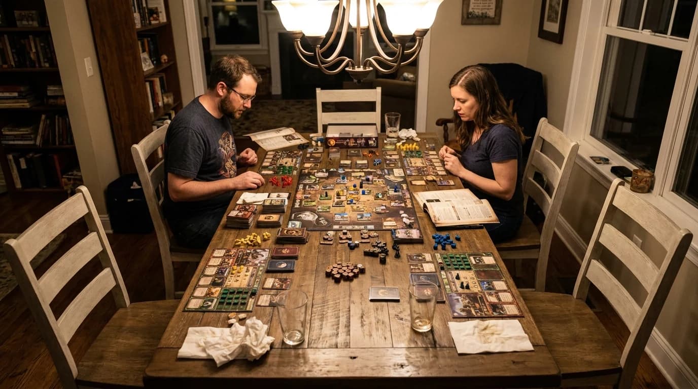 A board game mid-session with four seats around the table but only two players present, empty chairs either side.