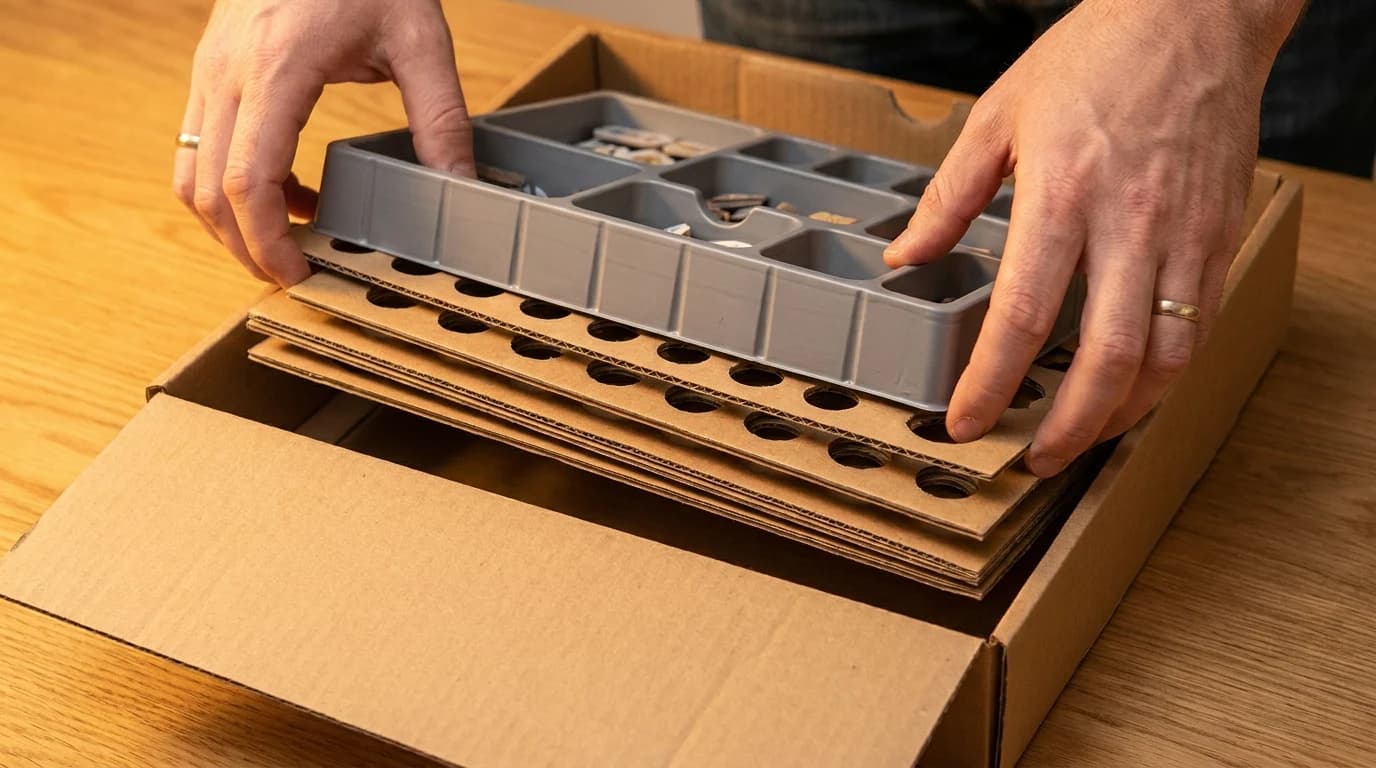 Two hands lowering a moulded plastic component tray onto a stack of empty cardboard punch frames inside an open game box.