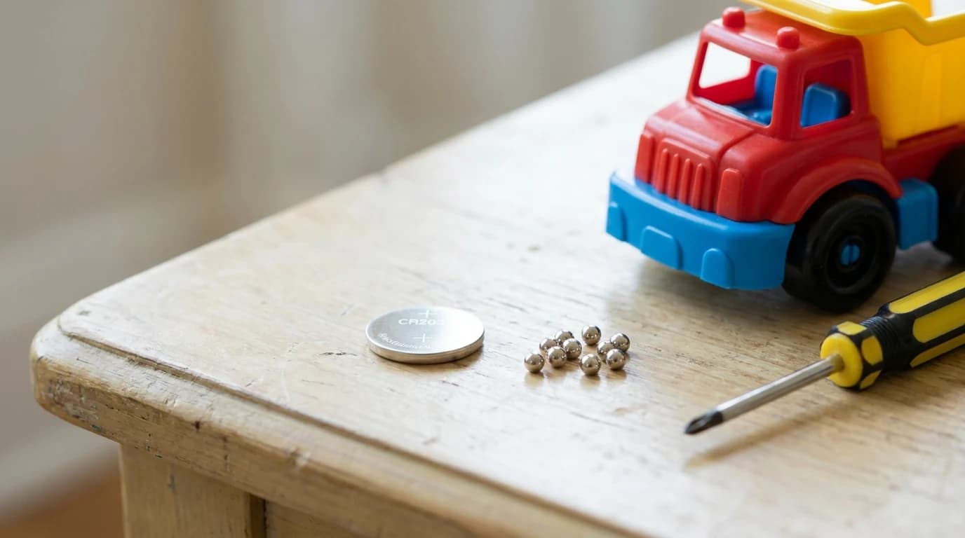 A shiny coin cell battery and a small cluster of magnet spheres resting on a wooden table beside a child's plastic toy.