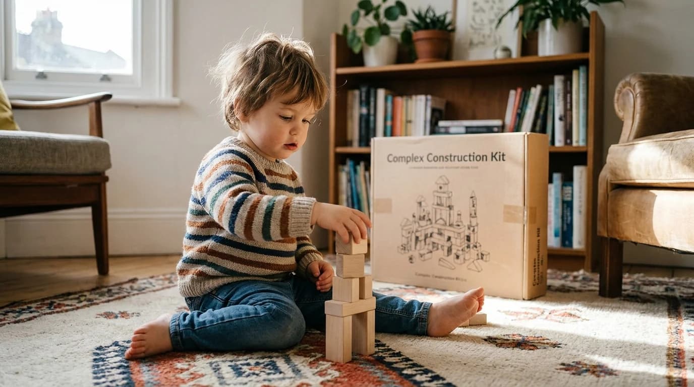 A child sitting on a rug playing with wooden blocks while an unopened, more complex kit sits on the shelf behind them.