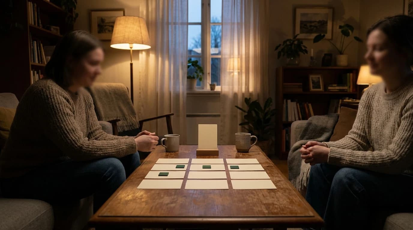 Two players sit on opposite sides of a low table with a grid of word cards and a small key-card stand between them.