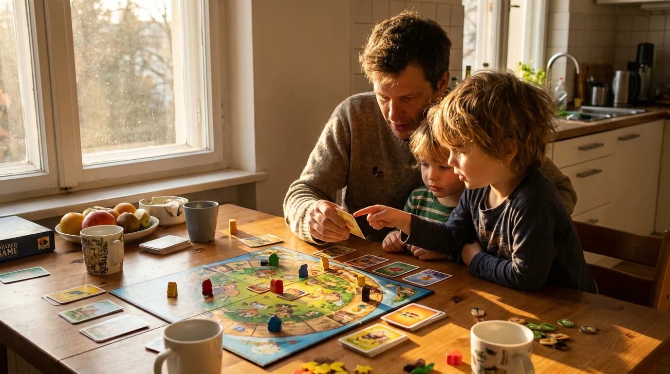 A parent and two children leaning over a cooperative board game together, all facing the same side of the board.
