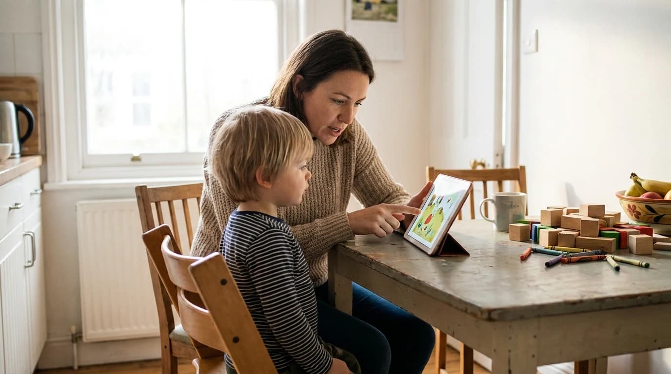 A young child using a tablet at a kitchen table with a parent sitting alongside, both looking at the screen and talking.