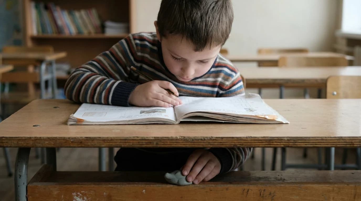 A child's hand kneading a small piece of putty under a desk while their eyes stay on an open workbook.