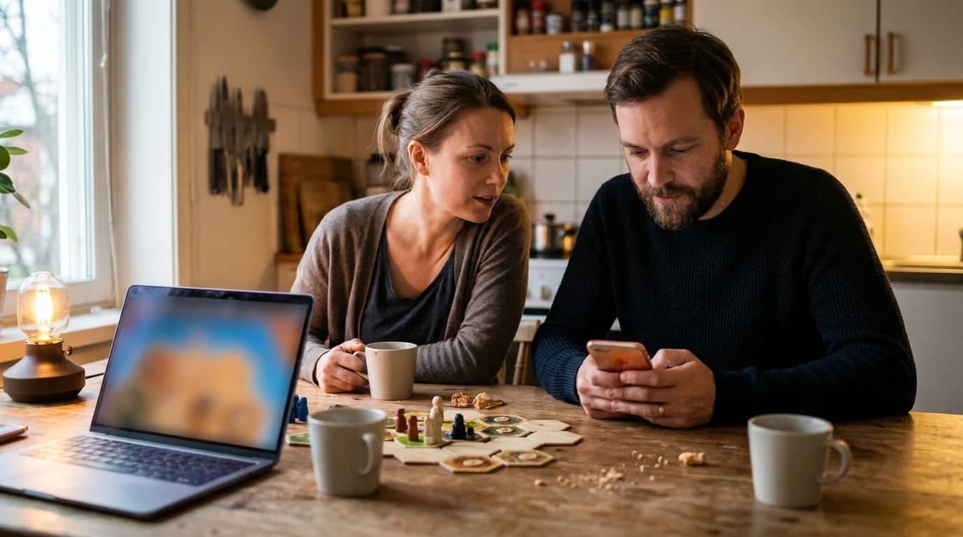 Two people at a kitchen table, one holding a phone and one looking at a laptop, with a partly set up hex-tile board game between them in warm evening light.