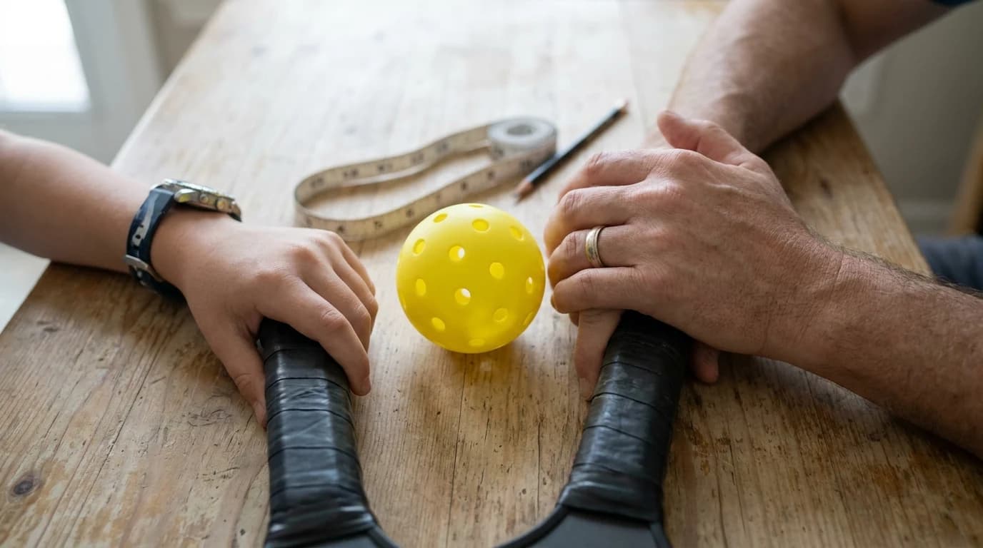 A child-sized hand and an adult hand each gripping a pickleball paddle handle on a wooden table, with a yellow perforated ball and a tape measure between them.