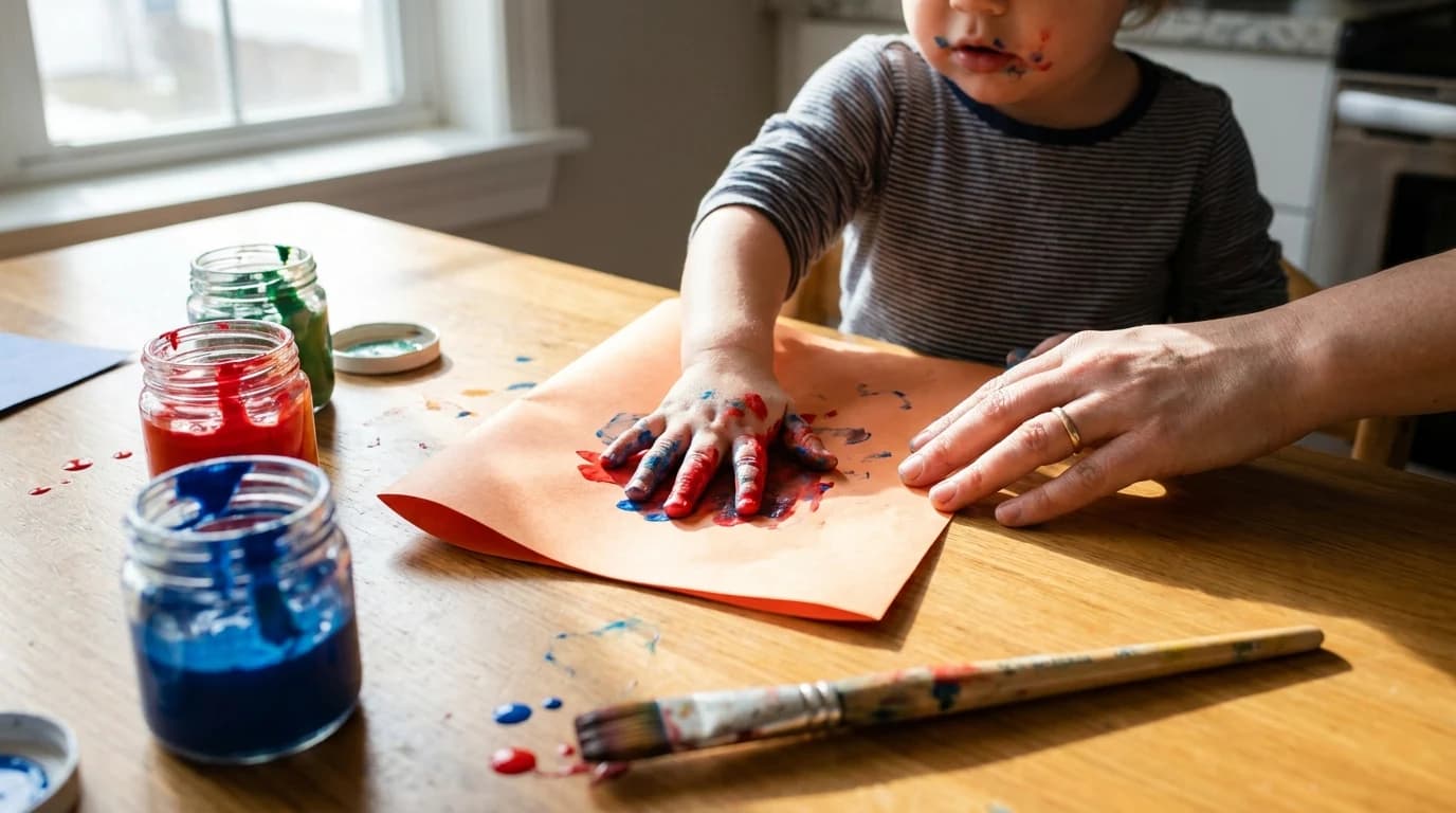 A small child's paint-covered palm pressed onto folded construction paper on a kitchen table, paint jars and a brush beside it.