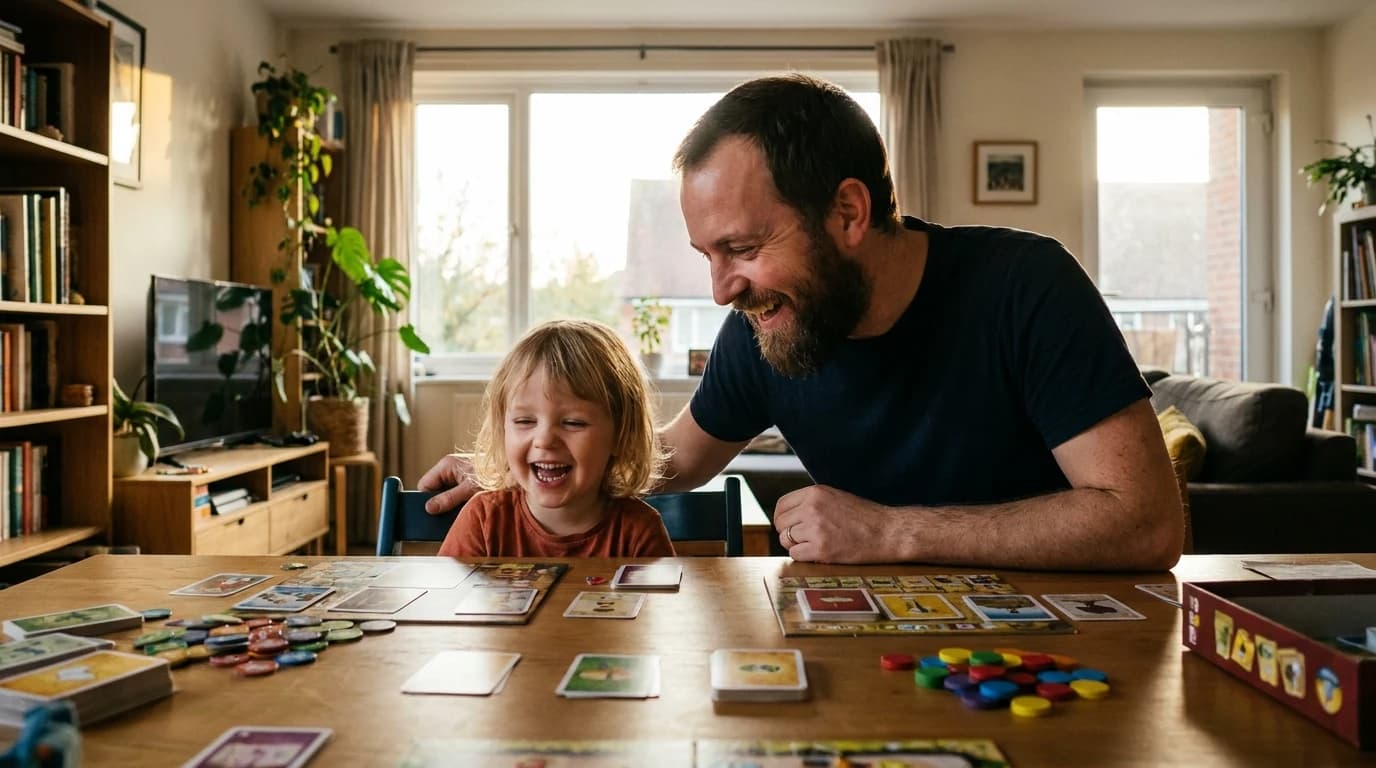 A father and child seated across a small table mid board game, both leaning in over the cards and pieces.