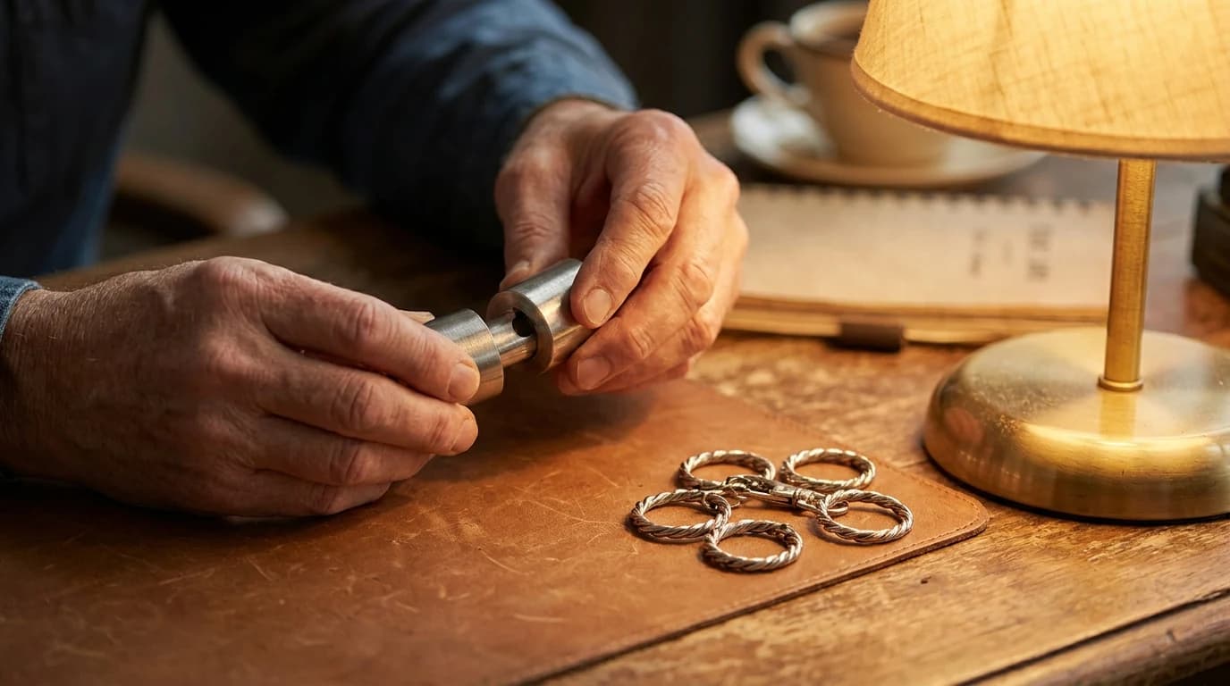 Hands at a desk pulling apart a small silver cast-metal cylinder puzzle, with a separated metal ring puzzle beside it.