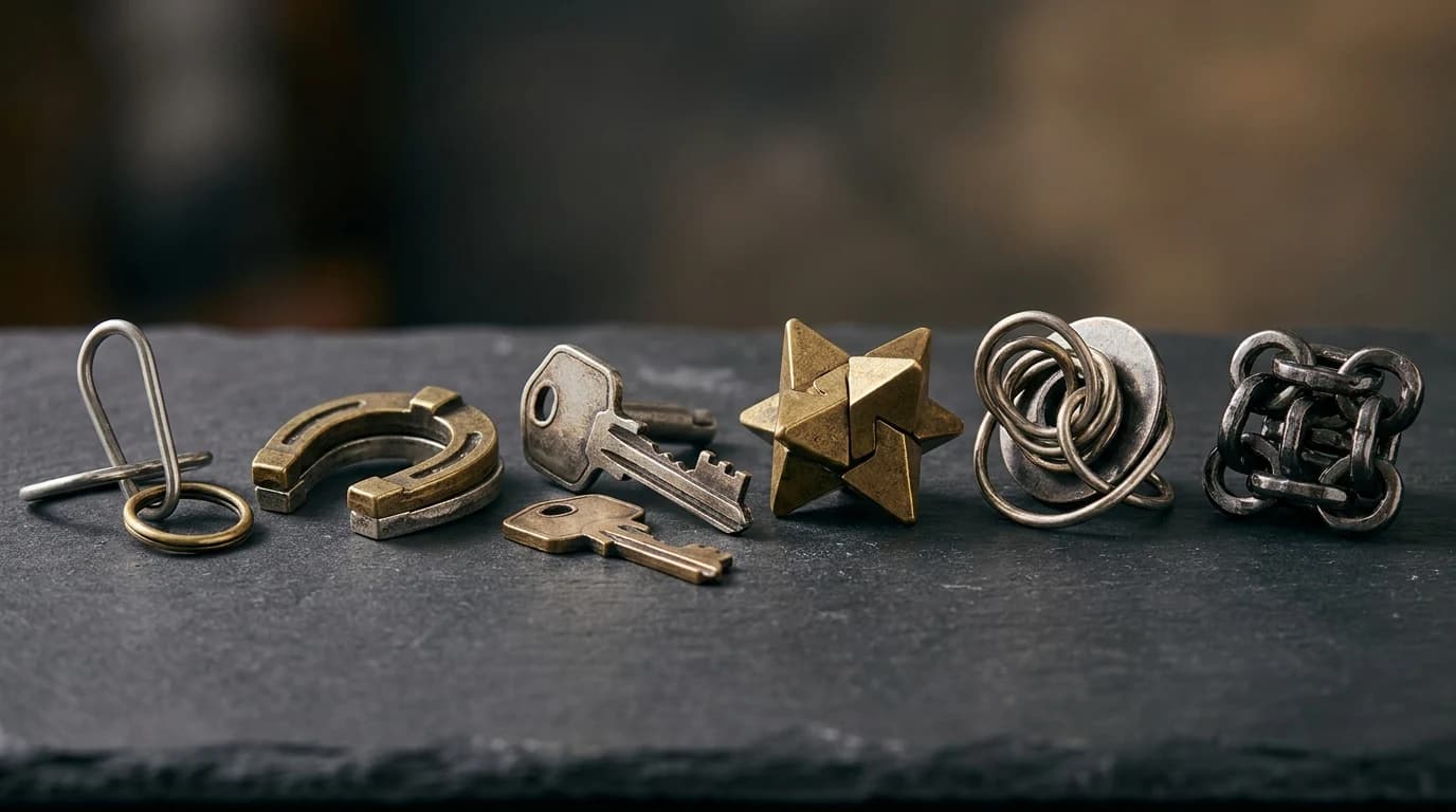 Hanayama Cast Puzzles by Level: One Pick for Each Difficulty, 2 to 6 — illustration