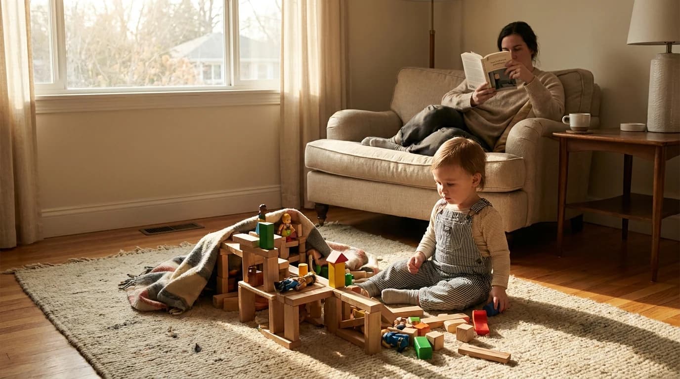 A child alone on a living room floor deep in a self-directed building project, an adult reading in the background out of the play.