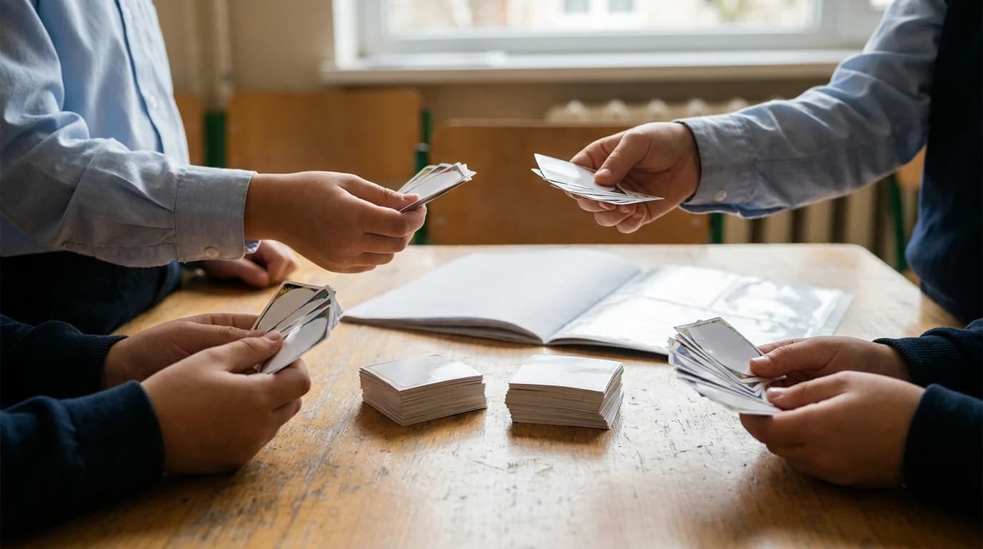 Four pairs of children's hands trading small blank-faced collectible stickers across a school table, with two sorted duplicate piles between them.