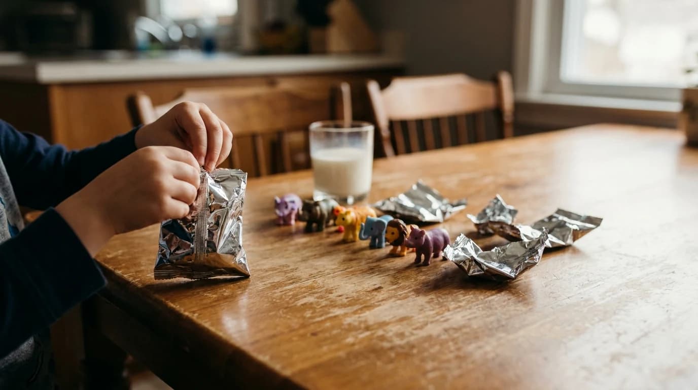 A child's hands opening a small sealed mystery figure box, with several already-opened figures lined up on the table.