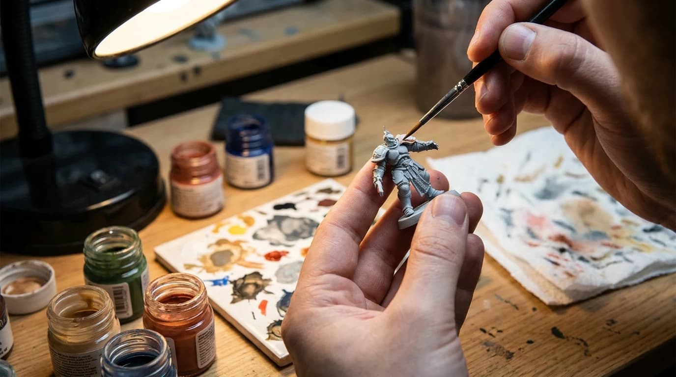 A hand holding a small primed miniature figure with a fine brush touching the raised edge, paint pots and a paper towel on the desk.